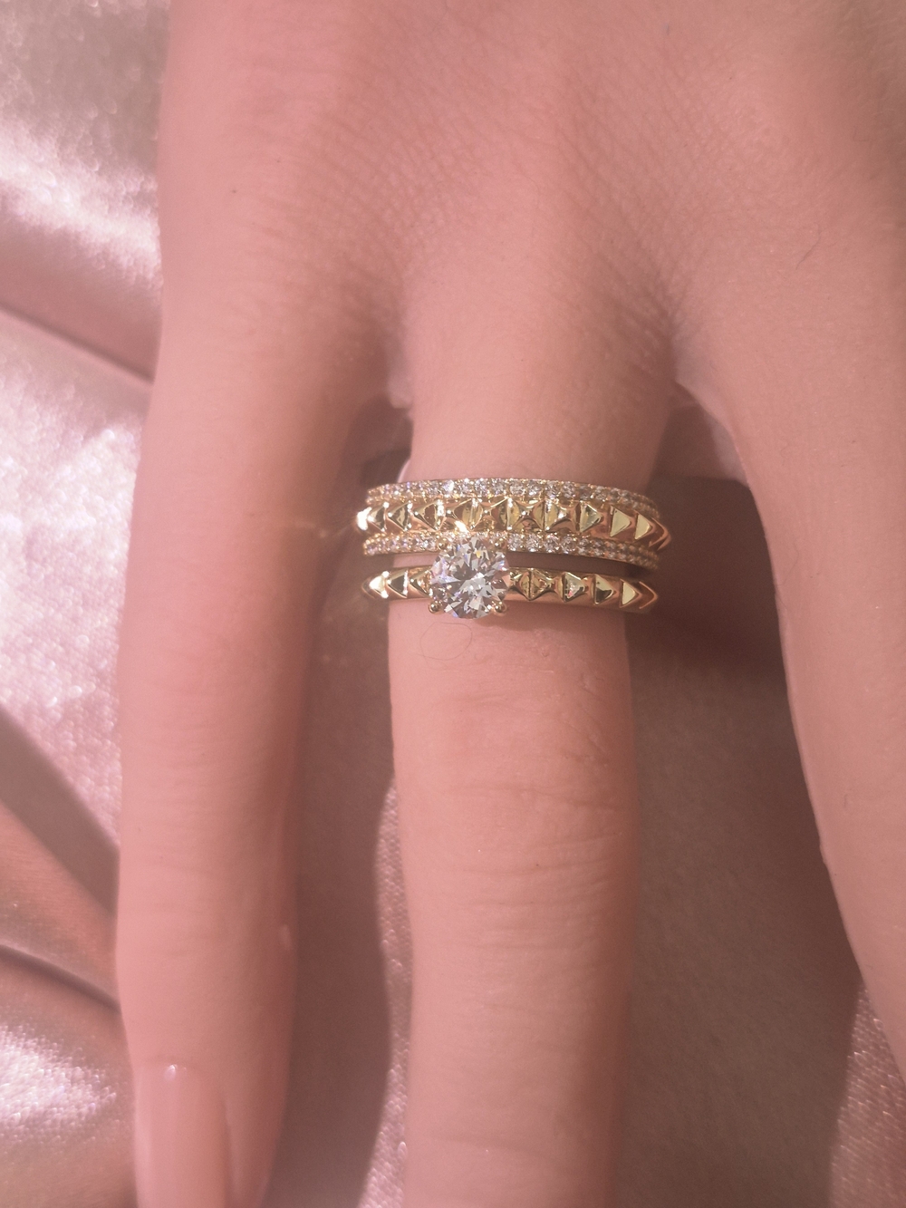Gold Bridal Ring Set with Center Solitaire Diamond Accent